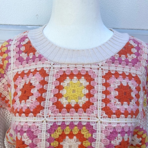 Zara Crochet Sweater Women S Patchwork Square Colorful Puff Sleeve Granny Boxy - Picture 6 of 14